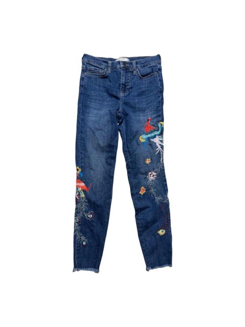 Free People Embroidered Skinny Jeans Women’s 26 Raw Hem Floral Bird Boho